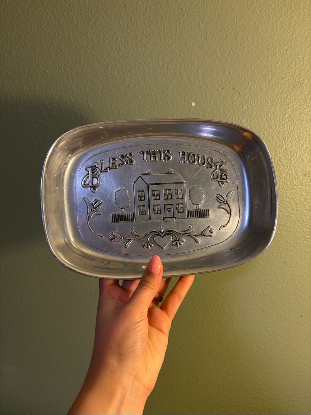 Metal Trinket Tray - Silver "Bless This House" Decorative Dish
